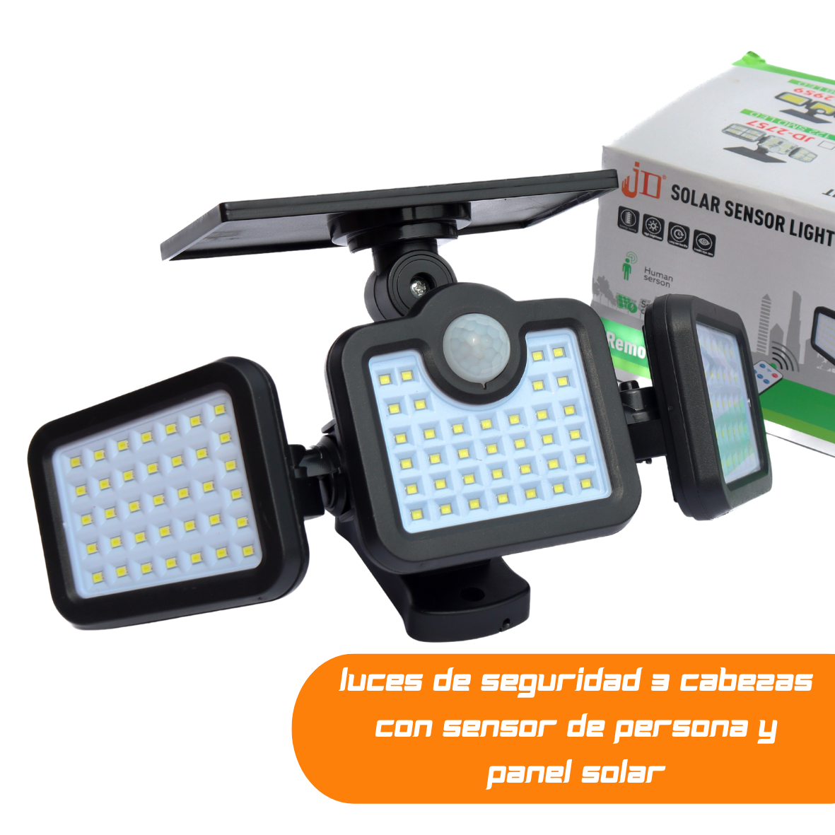 LUCES DE SEGURIDAD 3 CABEZAS CON SENSOR DE PERSONA Y PANEL SOLAR