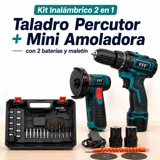Kit Inalámbrico 2 en 1 Taladro Percutor + Mini Amoladora con 2 Baterías y Maletín